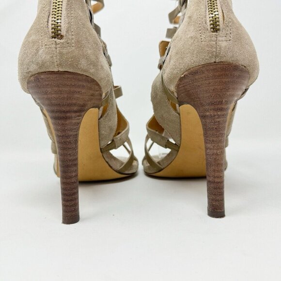 Levity Gladie Strappy Leather Stacked Heel Taupe Gladiator Tan Ankle Mule 8 - Picture 9 of 16